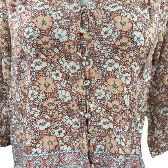 Cynthia Rowley Orange Floral Print Flowy 3/4 Sleeve Button Down Blouse - Picture 3 of 15